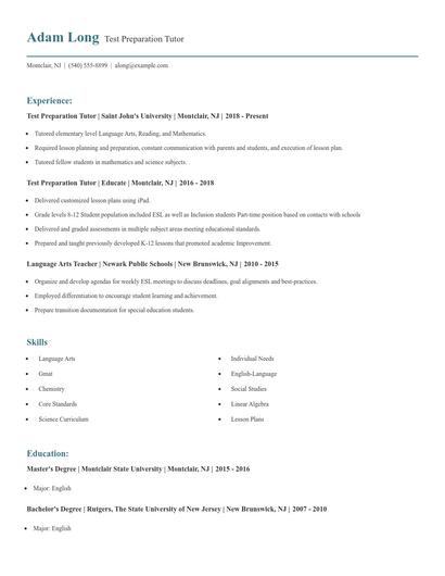 Test Preparation Tutor Resume