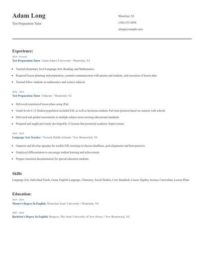 Test Preparation Tutor Resume
