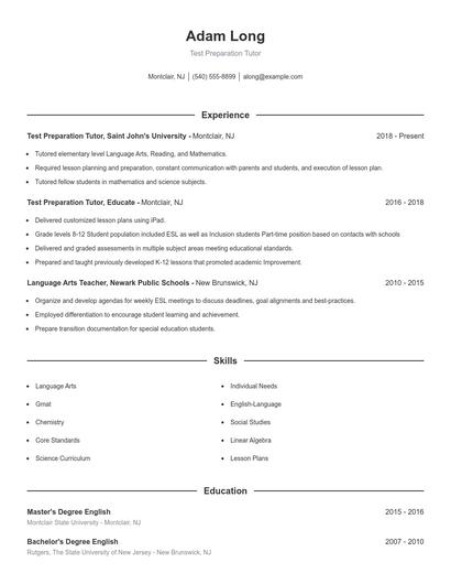 Test Preparation Tutor Resume