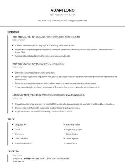 Test Preparation Tutor Resume