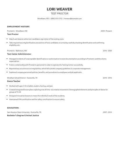 Test Proctor Resume