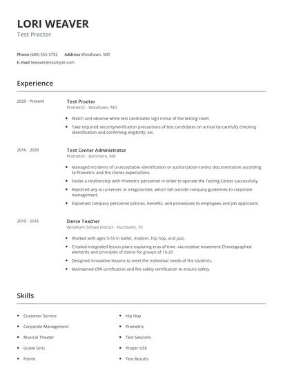 Test Proctor Resume