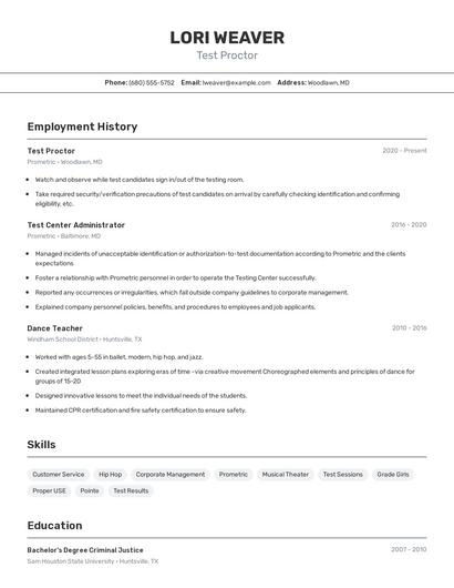 Test Proctor Resume