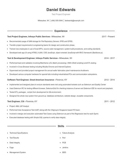 Test Project Engineer Resume