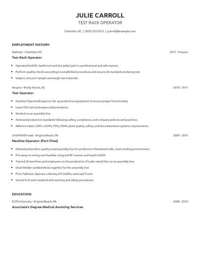 Test Rack Operator Resume