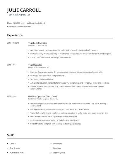 Test Rack Operator Resume