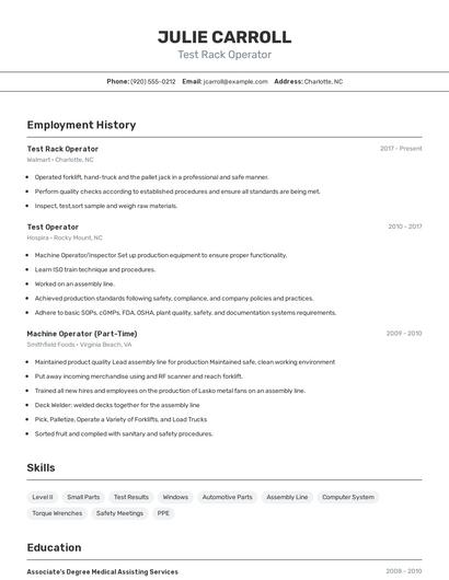 Test Rack Operator Resume