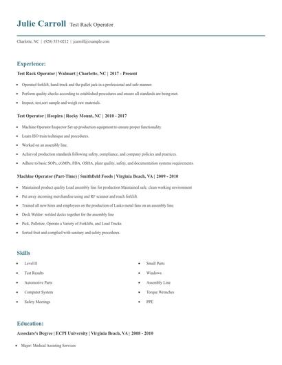 Test Rack Operator Resume
