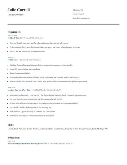 Test Rack Operator Resume