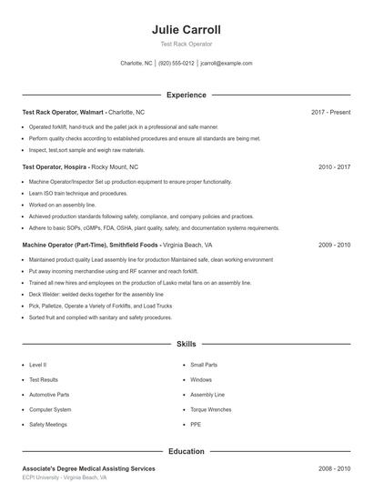 Test Rack Operator Resume