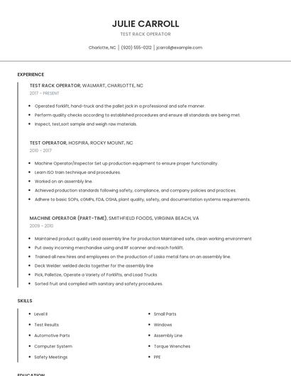 Test Rack Operator Resume