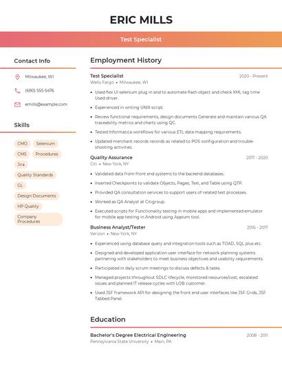 Test Specialist Resume