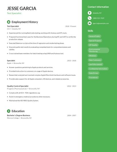 Test Specialist Resume