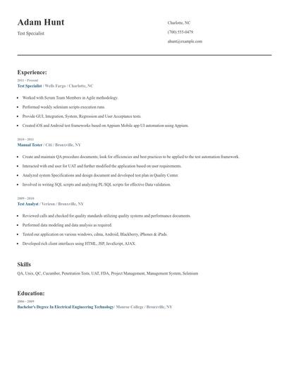 Test Specialist Resume