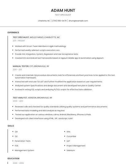 Test Specialist Resume