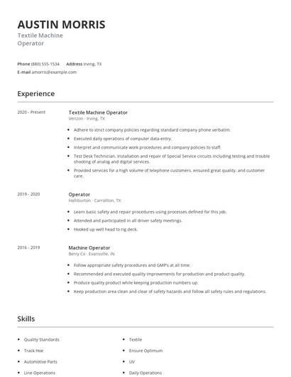 Textile Machine Operator Resume