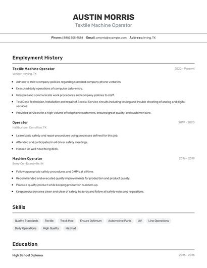 Textile Machine Operator Resume