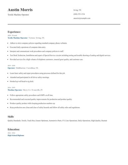 Textile Machine Operator Resume