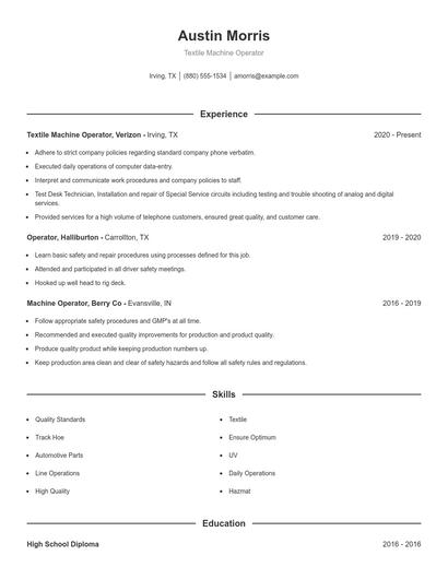Textile Machine Operator Resume