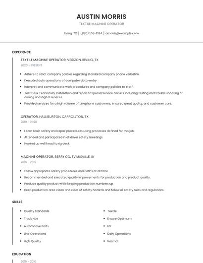 Textile Machine Operator Resume