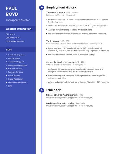 Therapeutic Mentor Resume