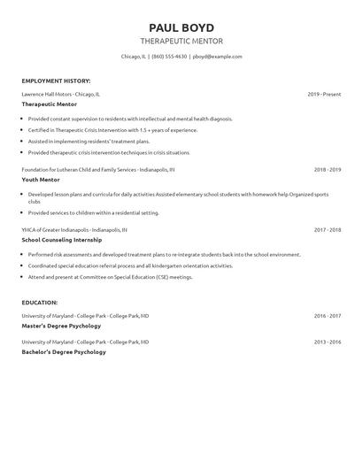 Therapeutic Mentor Resume