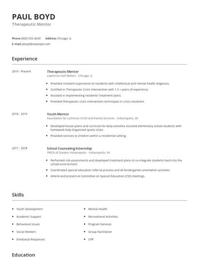 Therapeutic Mentor Resume