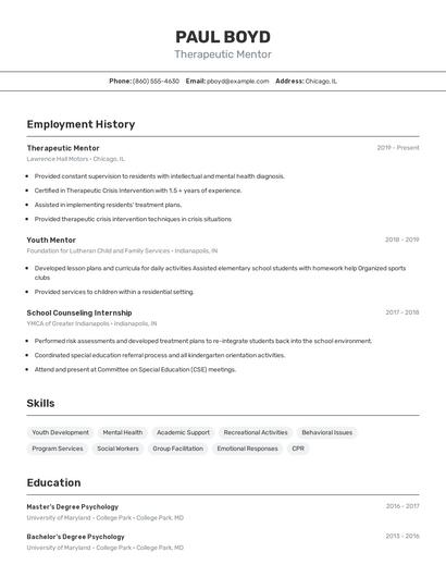Therapeutic Mentor Resume