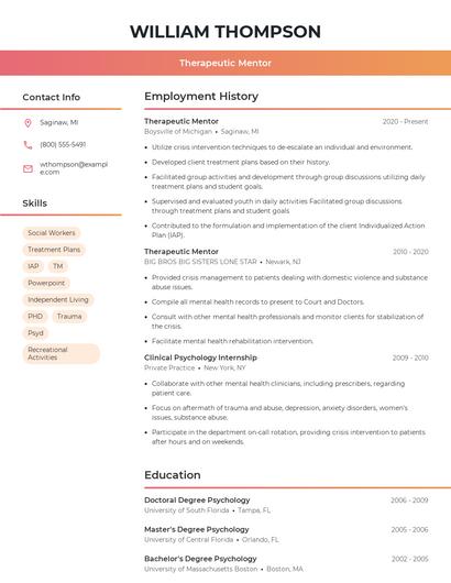 Therapeutic Mentor Resume