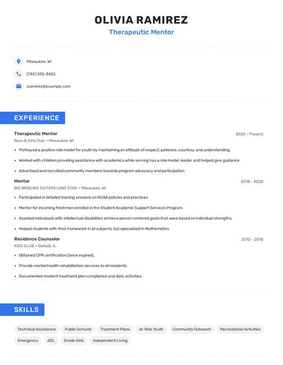 Therapeutic Mentor Resume