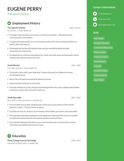 Therapeutic Mentor Resume