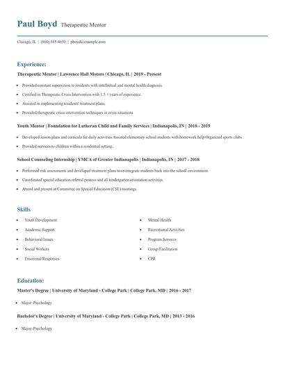 Therapeutic Mentor Resume