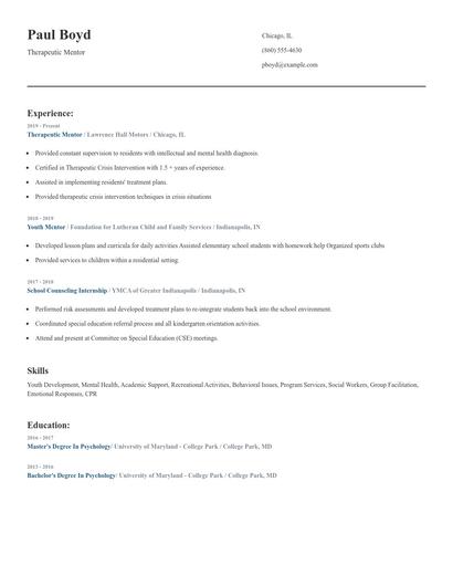 Therapeutic Mentor Resume