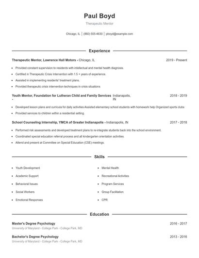 Therapeutic Mentor Resume