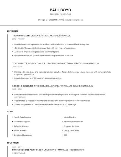 Therapeutic Mentor Resume