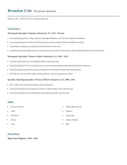 Therapeutic Specialist Resume
