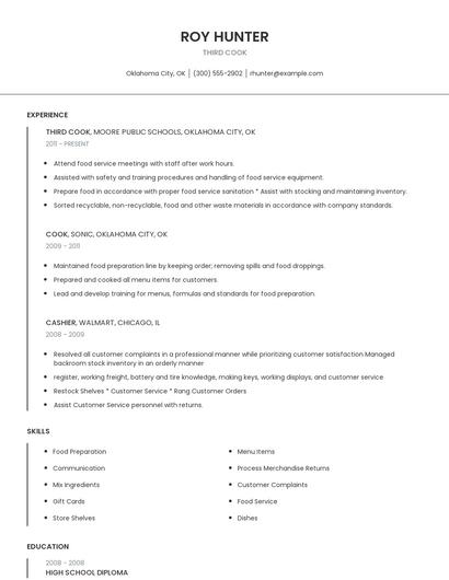 Third Cook Resume
