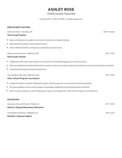 Third Grade Teacher Resume