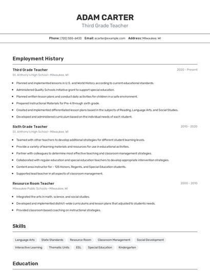 Third Grade Teacher Resume