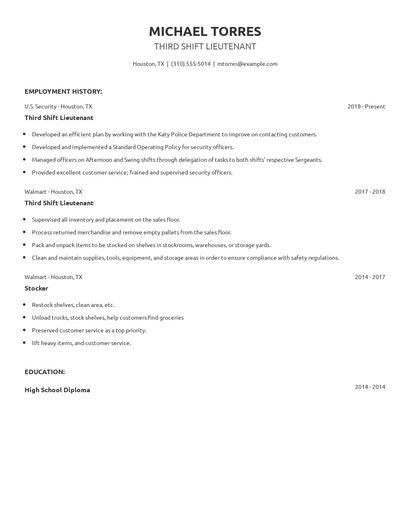 Third Shift Lieutenant Resume