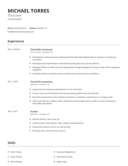 Third Shift Lieutenant Resume