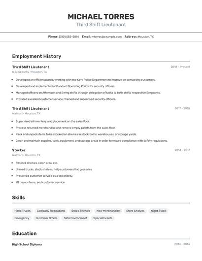 Third Shift Lieutenant Resume