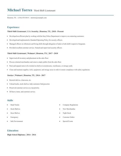 Third Shift Lieutenant Resume