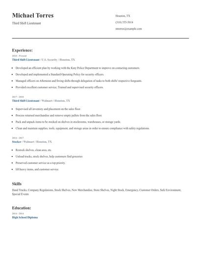 Third Shift Lieutenant Resume