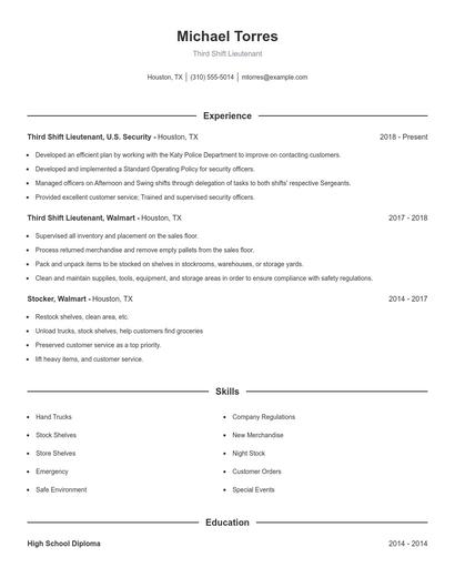 Third Shift Lieutenant Resume