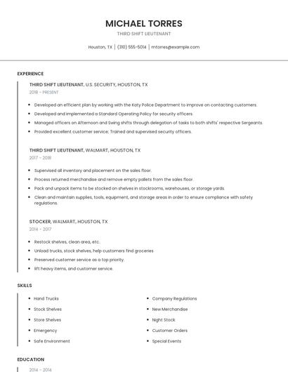 Third Shift Lieutenant Resume
