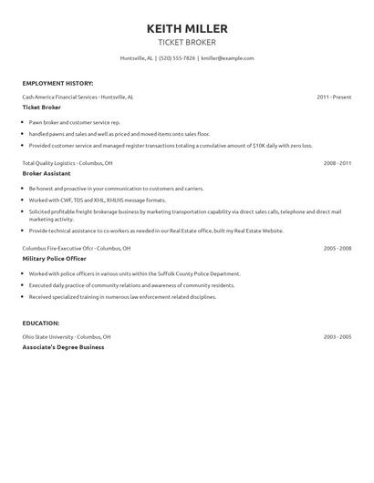 Ticket Broker Resume