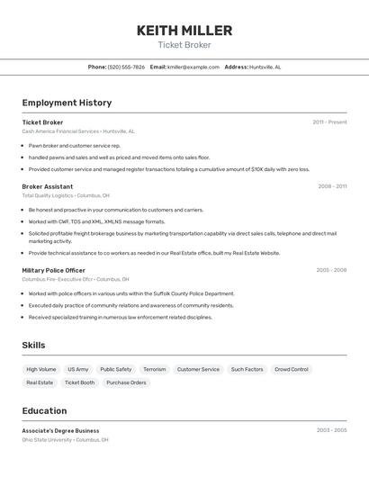 Ticket Broker Resume