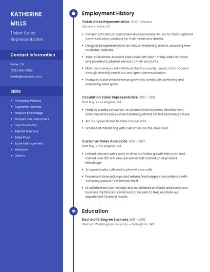 Ticket Sales Representative Resume