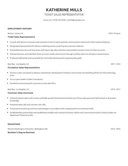 Ticket Sales Representative Resume